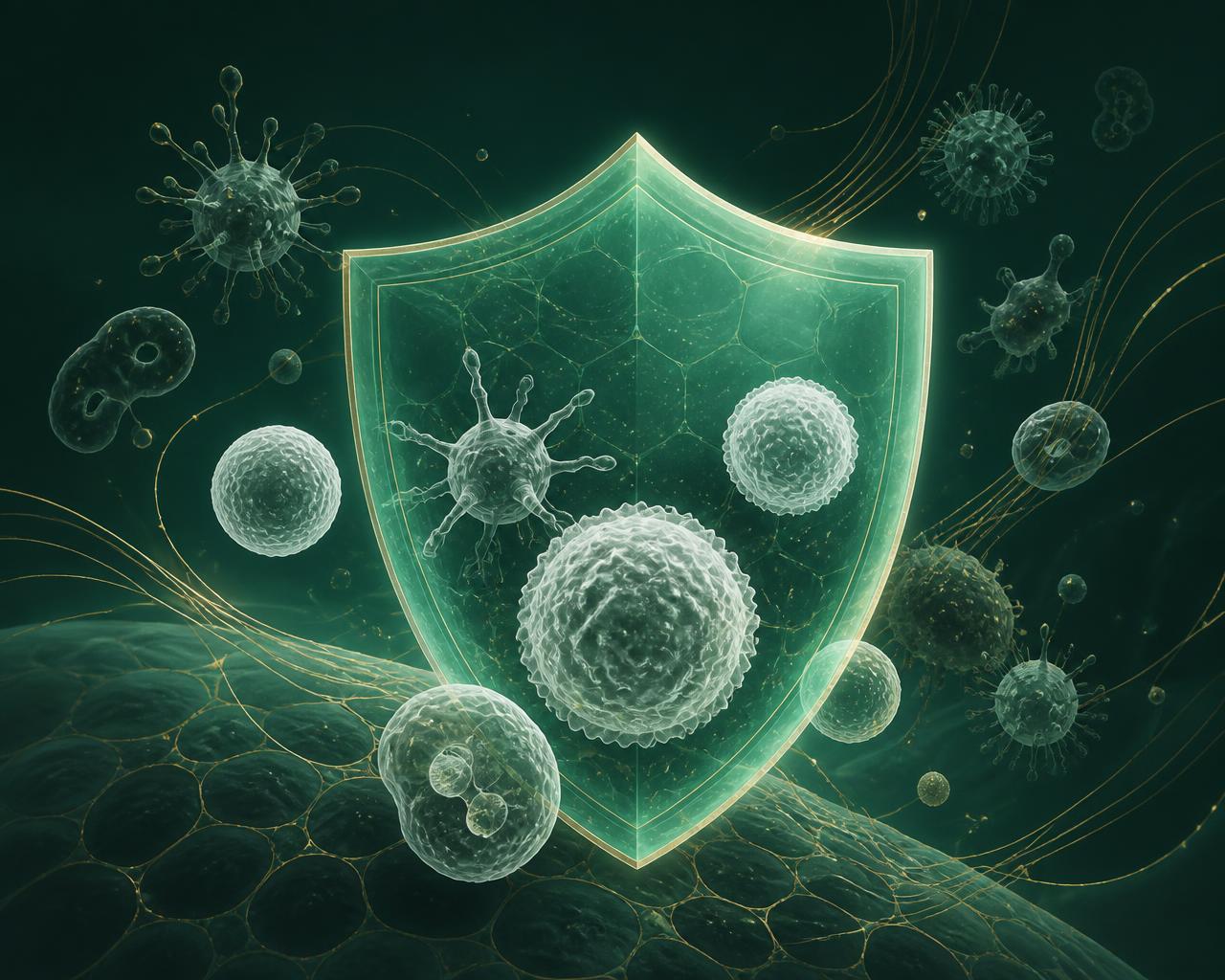 Illustration of immune cells behind a protective shield, representing how Q Shield Immunity Booster supports immune defense