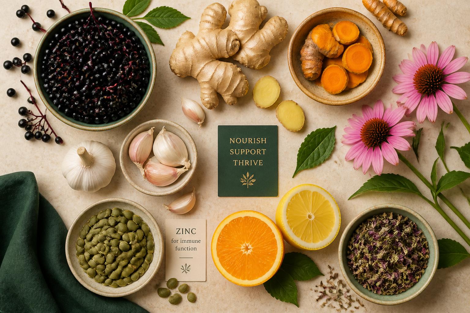 Elderberry, ginger, turmeric, garlic, citrus, echinacea and zinc-rich seeds laid out flat, representing Q Shield Immunity Booster ingredients